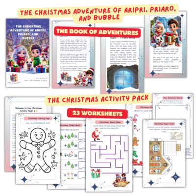 Christmas Activity Pack | Aripri Story | Worksheets (23 sheets) and Adventure Book